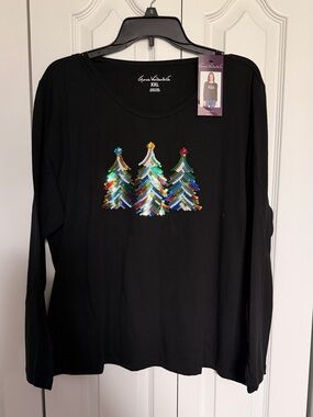 Tabitha Black Long-Sleeve Top with Multicolor Sequin Trees